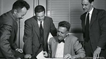 Alfred Kinsey, Clyde Martin, Wardell Pomeroy, Paul Gebhard with manuscript pages from the female volume