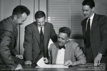 Alfred Kinsey, Clyde Martin, Wardell Pomeroy, Paul Gebhard with manuscript pages from the female volume